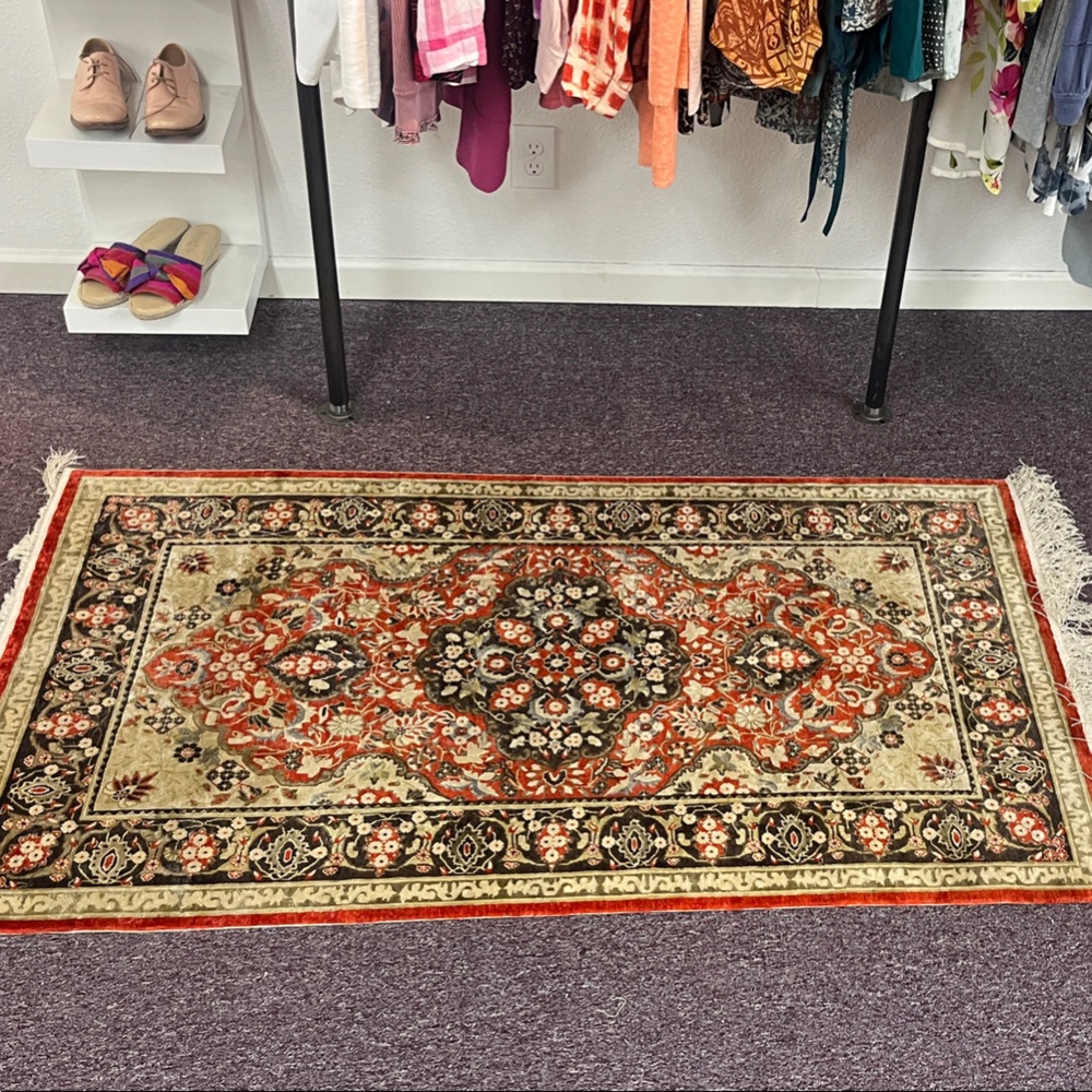 Vintage Silk Hand Tied Orange Black Rug Traditional Medallion Fringed 36x60